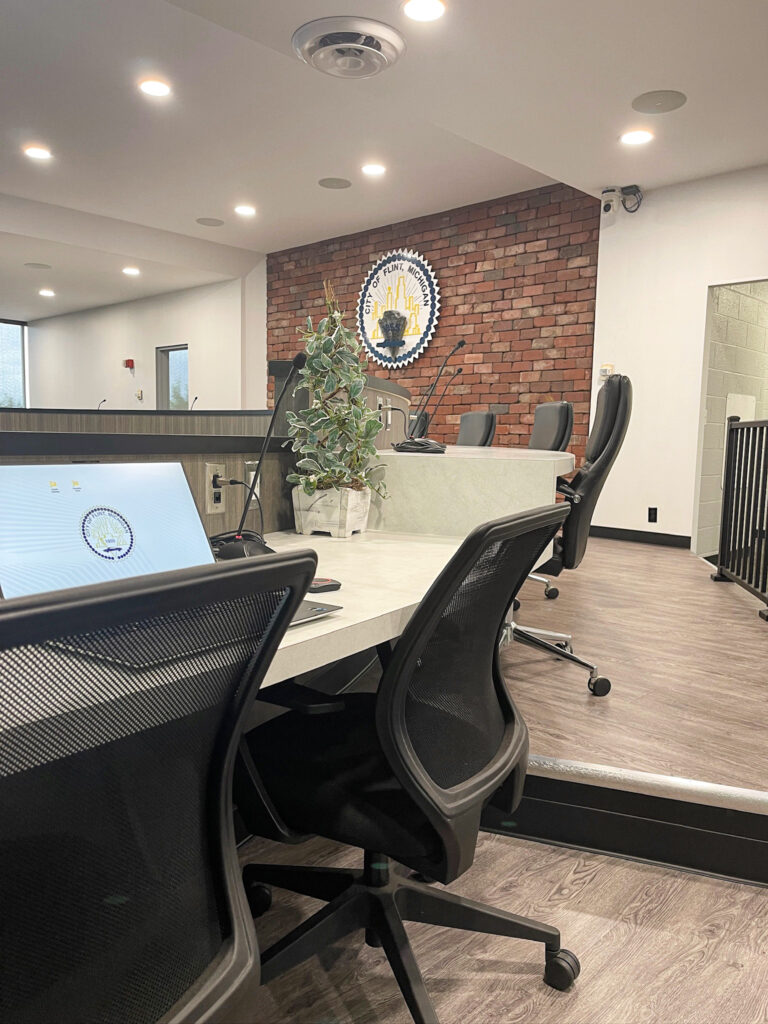 Flint City Council chambers with Shure microphones installed by Crescent Digital